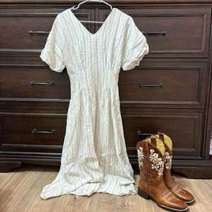 Light Cream Striped V-Neck Women’s Dress